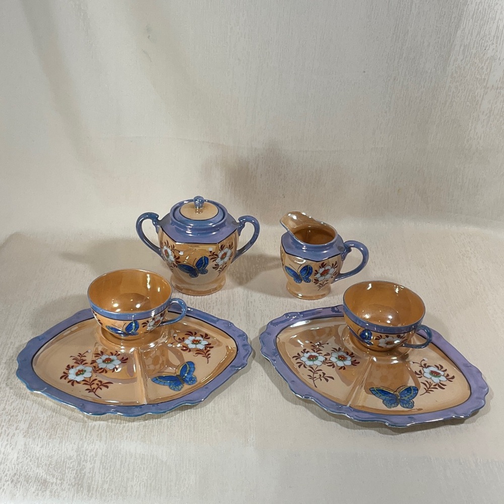 1950’s Japanese Lustreware Set, Sugar Bowl Creamer, 2 Divided Plates, 2 Tea Cups